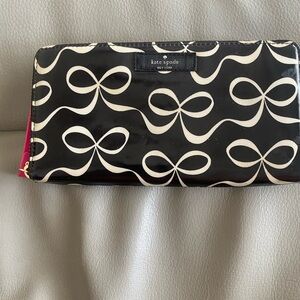 kate spade Black & White Bow-Print Zip Around Wallet with Pink Trim